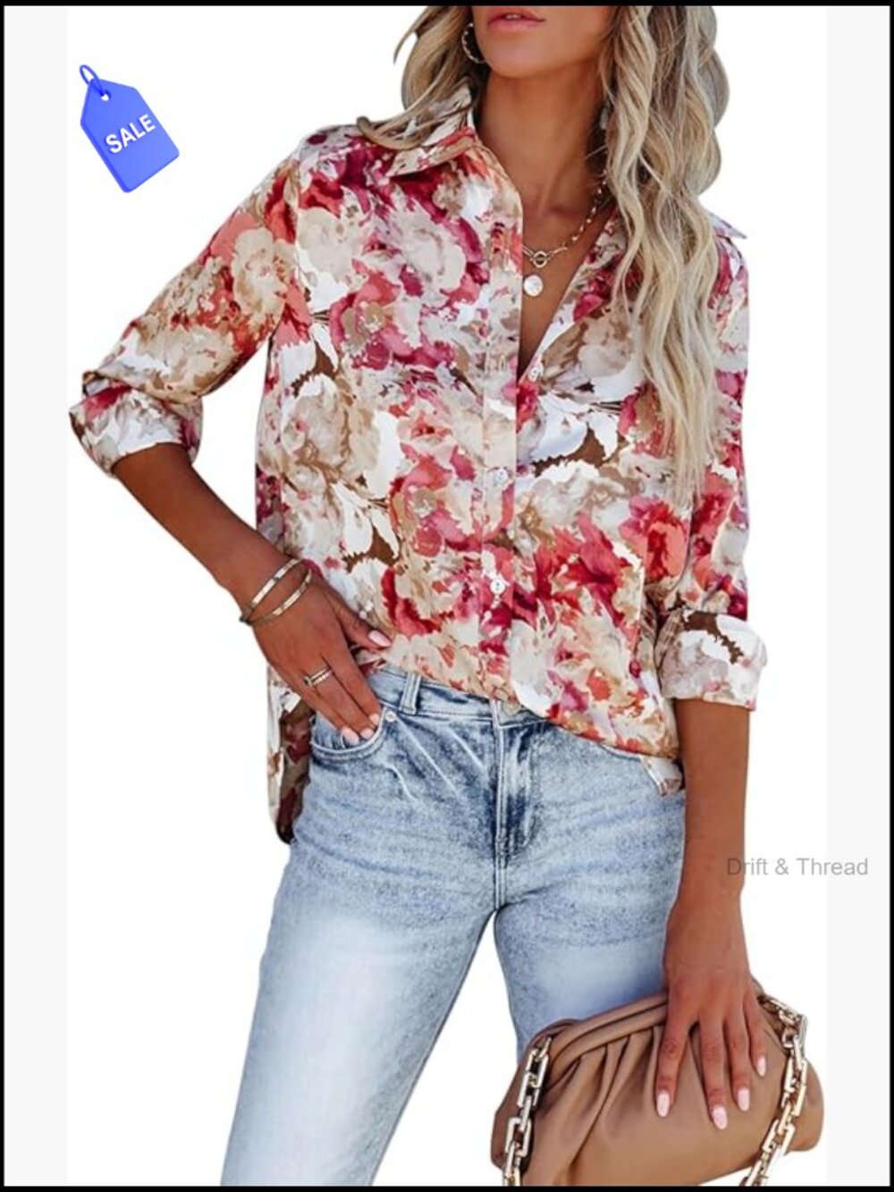 Long Sleeve Button Down Blouse Wrinkle-Free Dressy Casual Floral Office Shirt